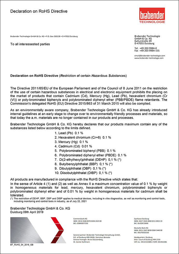 Declaration on RoHS Directive